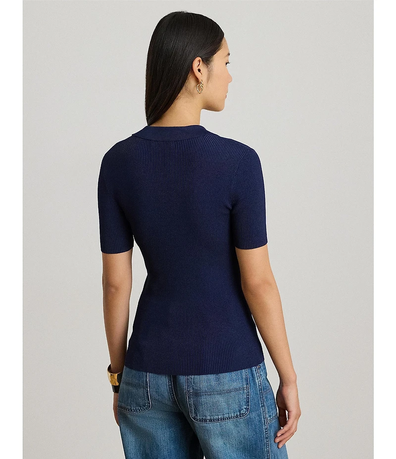 Lauren Ralph Lauren Ribbed Knit Polo Collar Short Sleeve Sweater