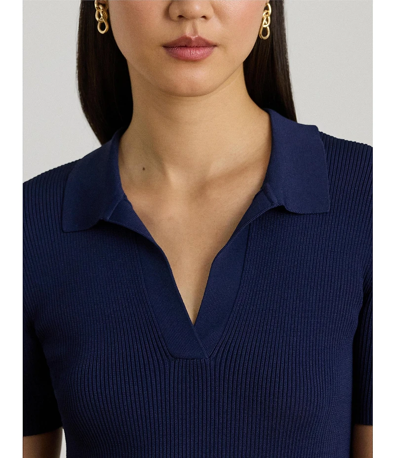 Lauren Ralph Lauren Ribbed Knit Polo Collar Short Sleeve Sweater