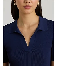 Lauren Ralph Lauren Ribbed Knit Polo Collar Short Sleeve Sweater