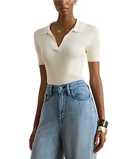 Lauren Ralph Lauren Ribbed Knit Polo Collar Short Sleeve Sweater