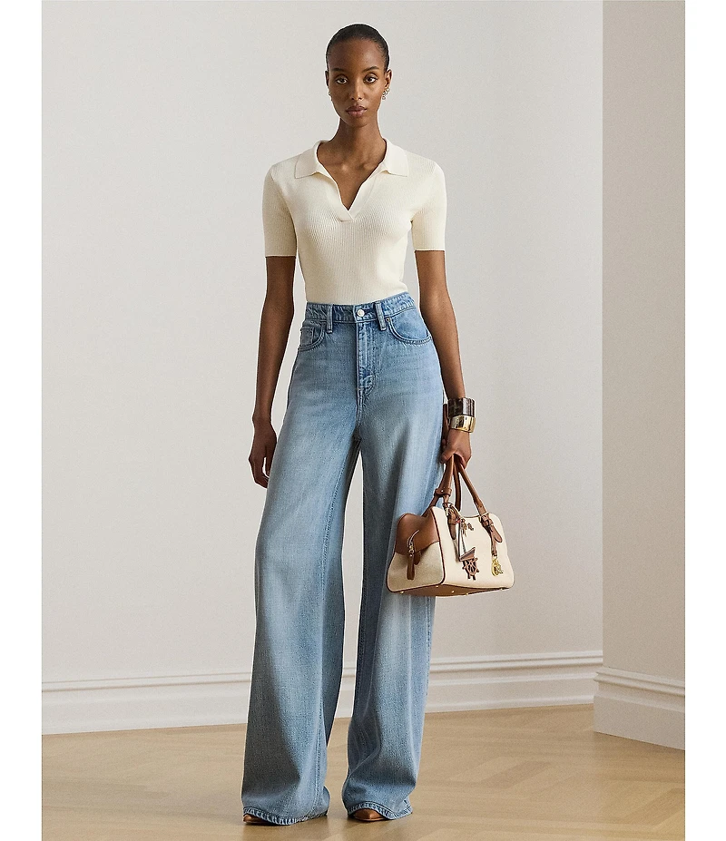 Lauren Ralph Lauren Ribbed Knit Polo Collar Short Sleeve Sweater