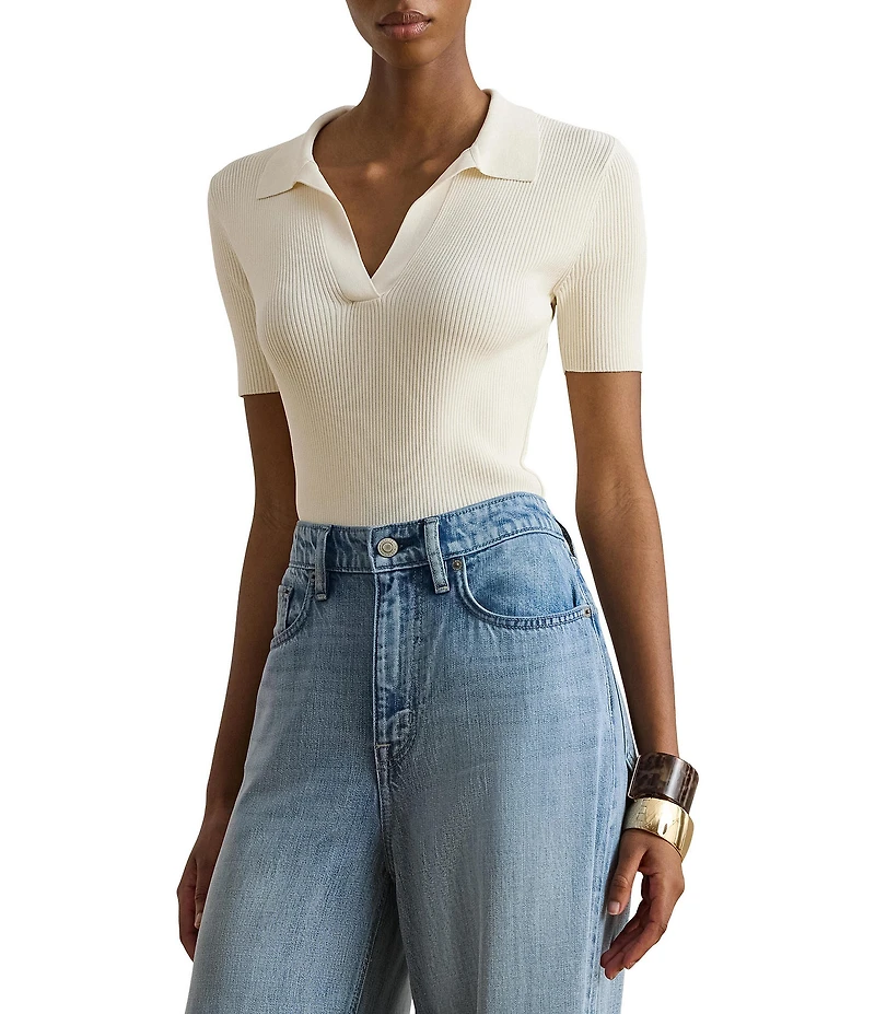 Lauren Ralph Lauren Ribbed Knit Polo Collar Short Sleeve Sweater