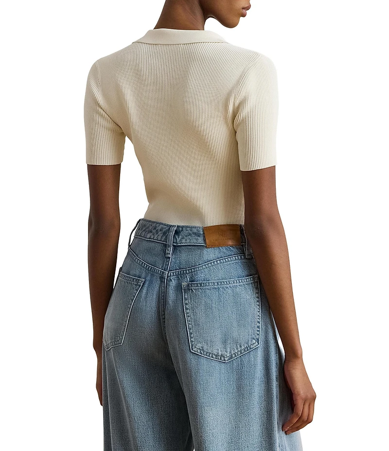 Lauren Ralph Lauren Ribbed Knit Polo Collar Short Sleeve Sweater