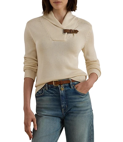 Lauren Ralph Lauren Ribbed Knit Shawl Collar Long Sleeve Sweater Top