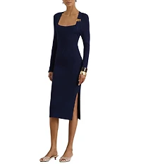 Lauren Ralph Lauren Ribbed Knit Square Neck Long Sleeve Buckle Sheath Midi Sweater Dress