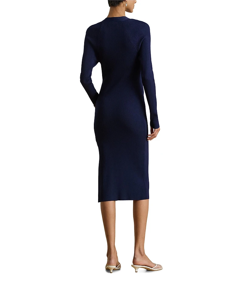 Lauren Ralph Lauren Ribbed Knit Square Neck Long Sleeve Buckle Sheath Midi Sweater Dress
