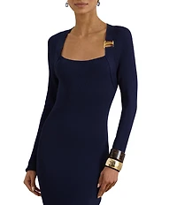Lauren Ralph Lauren Ribbed Knit Square Neck Long Sleeve Buckle Sheath Midi Sweater Dress
