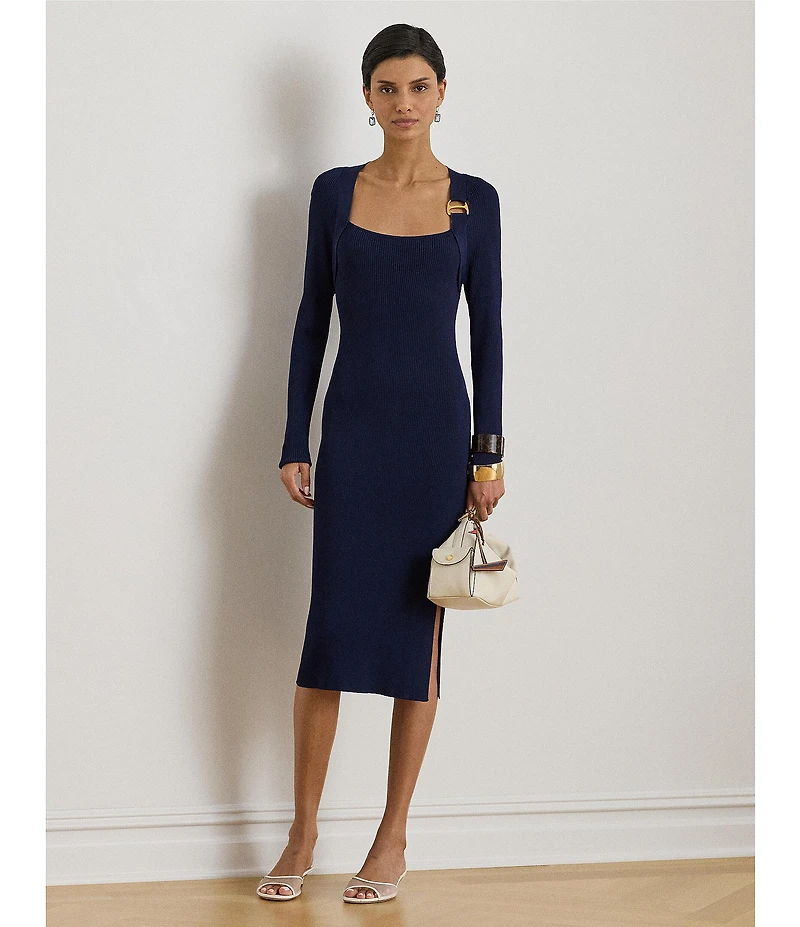 Lauren Ralph Lauren Ribbed Knit Square Neck Long Sleeve Buckle Sheath Midi Sweater Dress