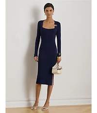 Lauren Ralph Lauren Ribbed Knit Square Neck Long Sleeve Buckle Sheath Midi Sweater Dress