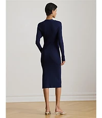 Lauren Ralph Lauren Ribbed Knit Square Neck Long Sleeve Buckle Sheath Midi Sweater Dress