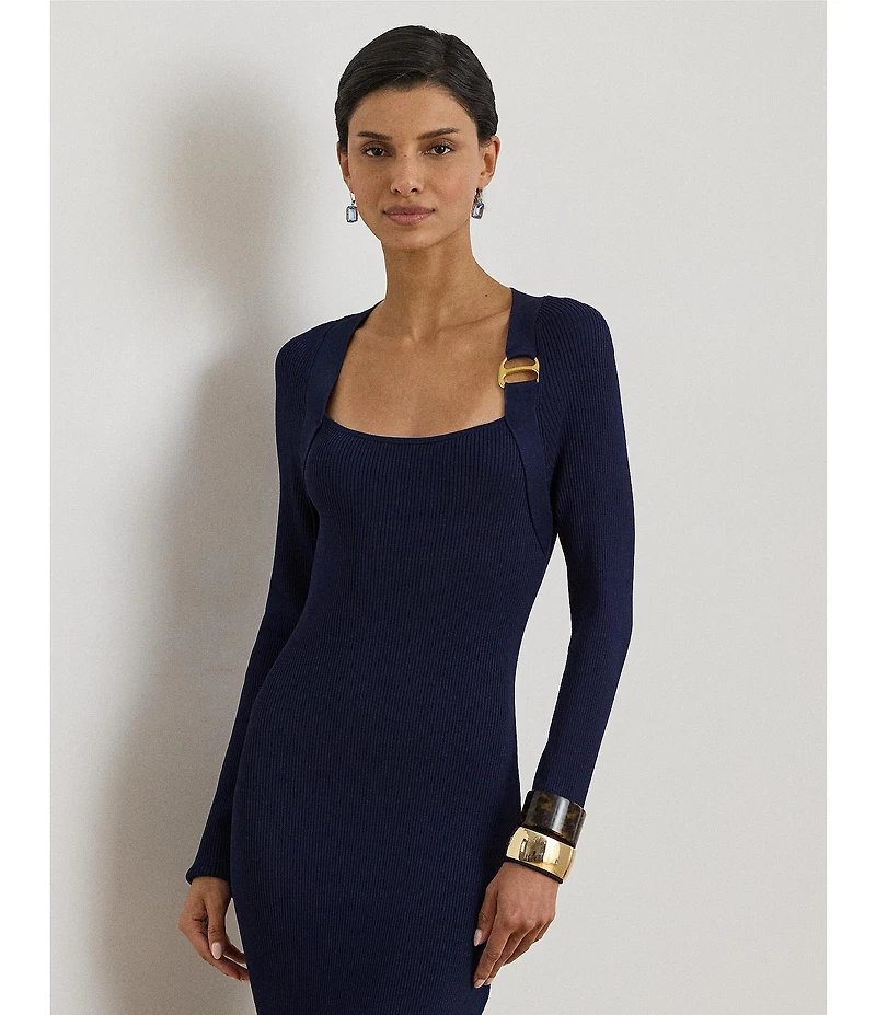 Lauren Ralph Lauren Ribbed Knit Square Neck Long Sleeve Buckle Sheath Midi Sweater Dress