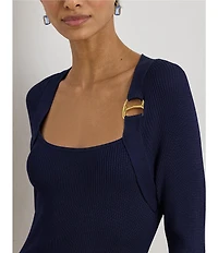 Lauren Ralph Lauren Ribbed Knit Square Neck Long Sleeve Buckle Sheath Midi Sweater Dress