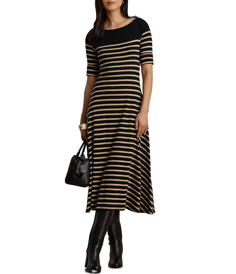 Lauren Ralph Lauren Ribbed Knit Stripe Boat Neck 3/4 Sleeve Maxi Length Dress
