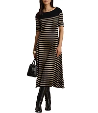 Lauren Ralph Lauren Ribbed Knit Stripe Boat Neck 3/4 Sleeve Maxi Length Dress