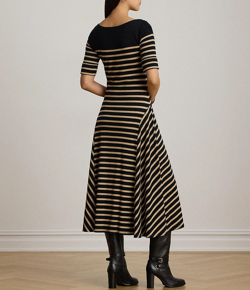 Lauren Ralph Lauren Ribbed Knit Stripe Boat Neck 3/4 Sleeve Maxi Length Dress