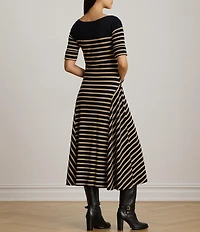 Lauren Ralph Lauren Ribbed Knit Stripe Boat Neck 3/4 Sleeve Maxi Length Dress
