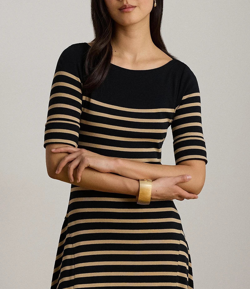 Lauren Ralph Lauren Ribbed Knit Stripe Boat Neck 3/4 Sleeve Maxi Length Dress