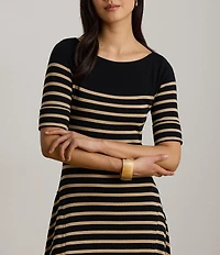 Lauren Ralph Lauren Ribbed Knit Stripe Boat Neck 3/4 Sleeve Maxi Length Dress