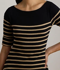 Lauren Ralph Lauren Ribbed Knit Stripe Boat Neck 3/4 Sleeve Maxi Length Dress