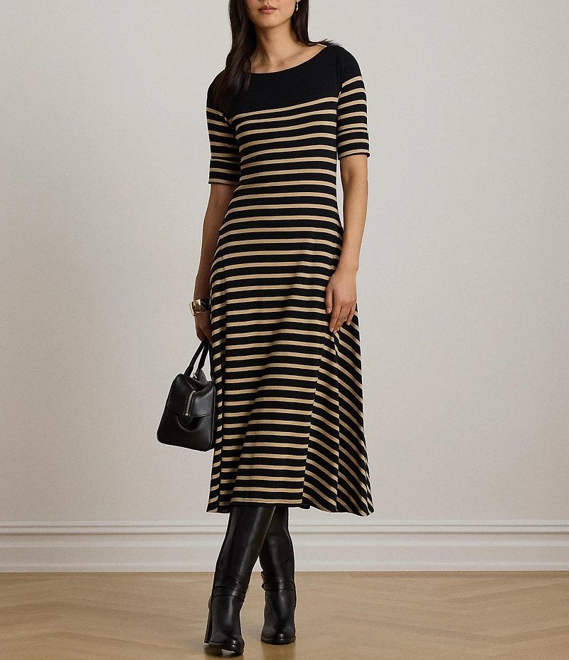 Lauren Ralph Lauren Ribbed Knit Stripe Boat Neck 3/4 Sleeve Maxi Length Dress