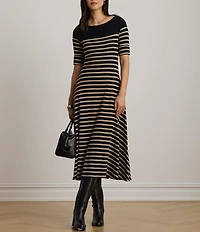Lauren Ralph Lauren Ribbed Knit Stripe Boat Neck 3/4 Sleeve Maxi Length Dress