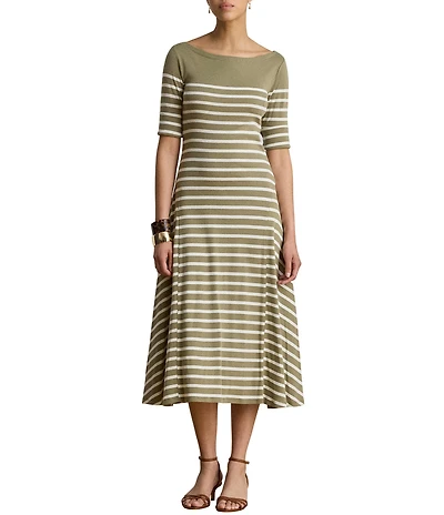 Lauren Ralph Lauren Ribbed Knit Stripe Boat Neck Short Sleeve Midi Length Fit-And-Flare Dress