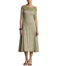 Lauren Ralph Lauren Ribbed Knit Stripe Boat Neck Short Sleeve Midi Length Fit-And-Flare Dress