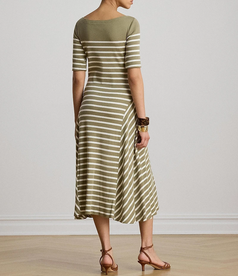 Lauren Ralph Lauren Ribbed Knit Stripe Boat Neck Short Sleeve Midi Length Fit-And-Flare Dress