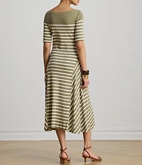 Lauren Ralph Lauren Ribbed Knit Stripe Boat Neck Short Sleeve Midi Length Fit-And-Flare Dress
