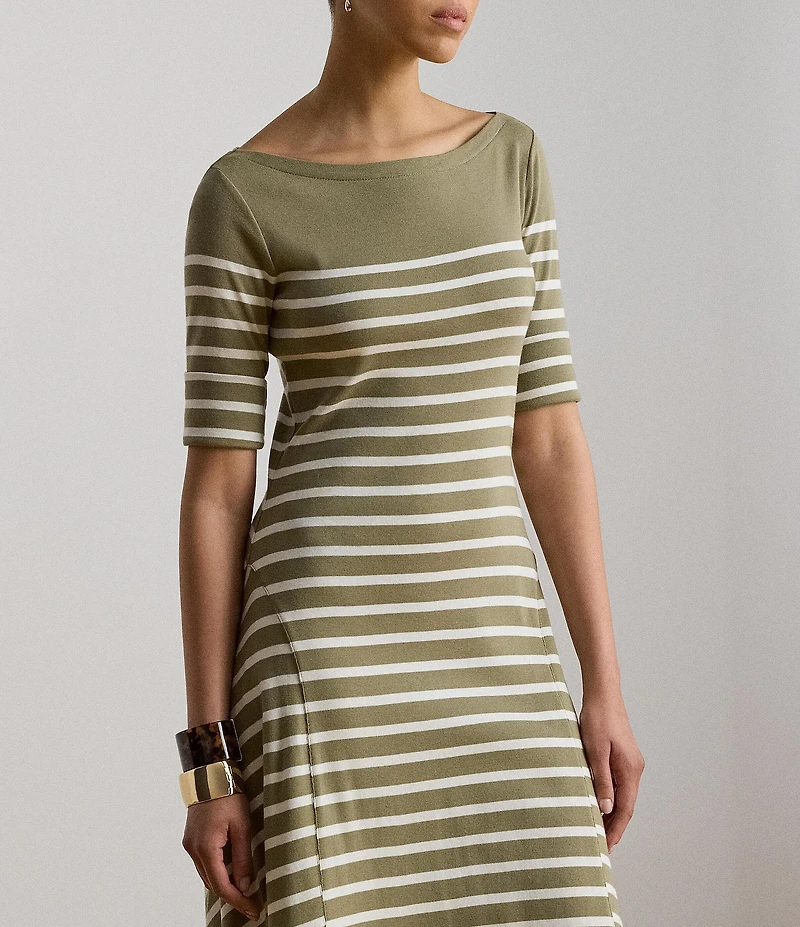 Lauren Ralph Lauren Ribbed Knit Stripe Boat Neck Short Sleeve Midi Length Fit-And-Flare Dress