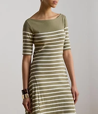 Lauren Ralph Lauren Ribbed Knit Stripe Boat Neck Short Sleeve Midi Length Fit-And-Flare Dress