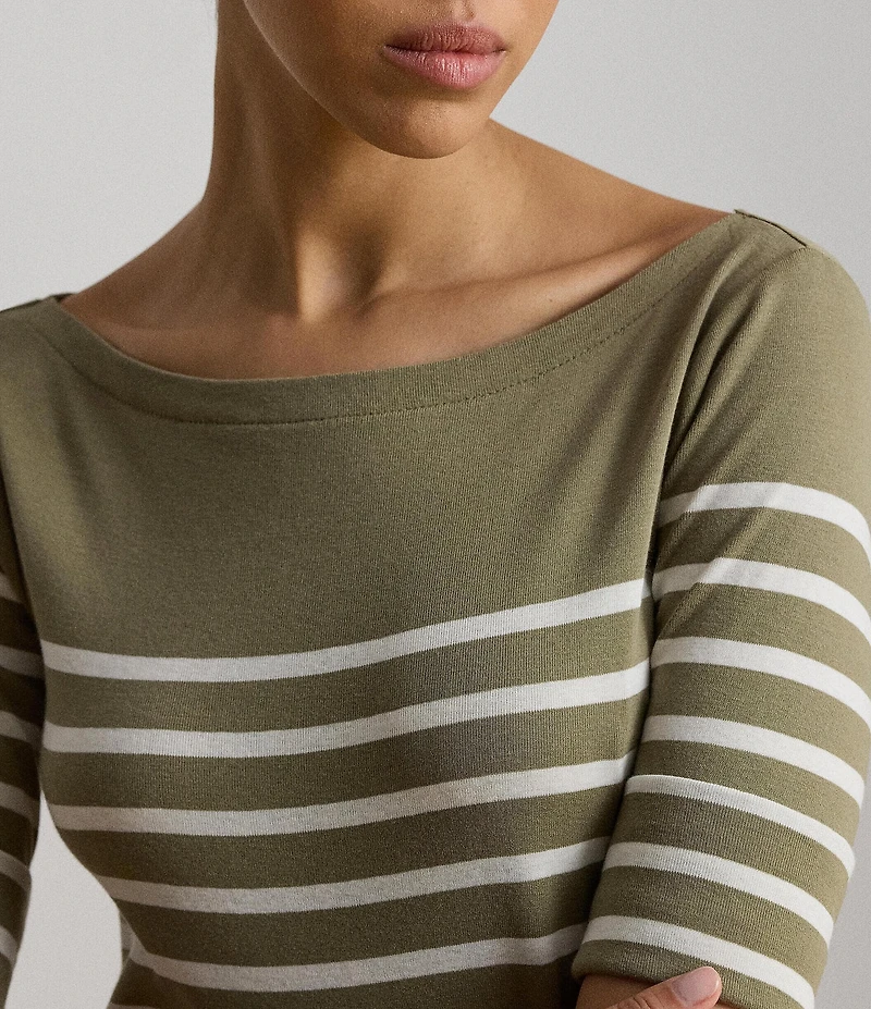 Lauren Ralph Lauren Ribbed Knit Stripe Boat Neck Short Sleeve Midi Length Fit-And-Flare Dress