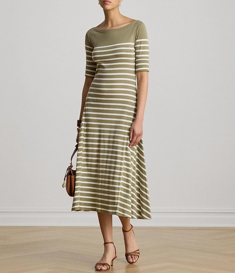 Lauren Ralph Lauren Ribbed Knit Stripe Boat Neck Short Sleeve Midi Length Fit-And-Flare Dress