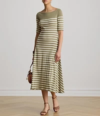 Lauren Ralph Lauren Ribbed Knit Stripe Boat Neck Short Sleeve Midi Length Fit-And-Flare Dress