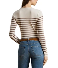 Lauren Ralph Lauren Ribbed Knit Striped Crew Neck Long Sleeve Tee