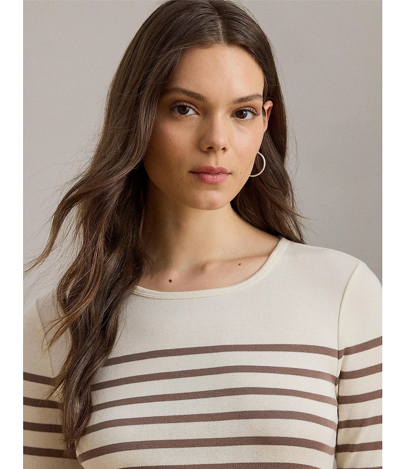 Lauren Ralph Lauren Ribbed Knit Striped Crew Neck Long Sleeve Tee