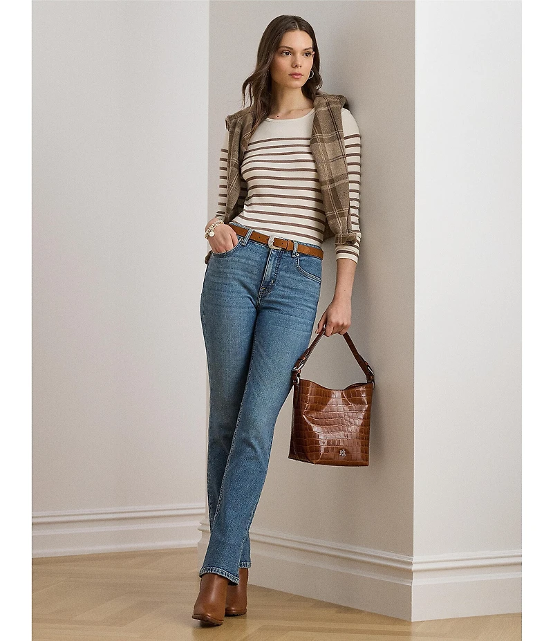 Lauren Ralph Lauren Ribbed Knit Striped Crew Neck Long Sleeve Tee