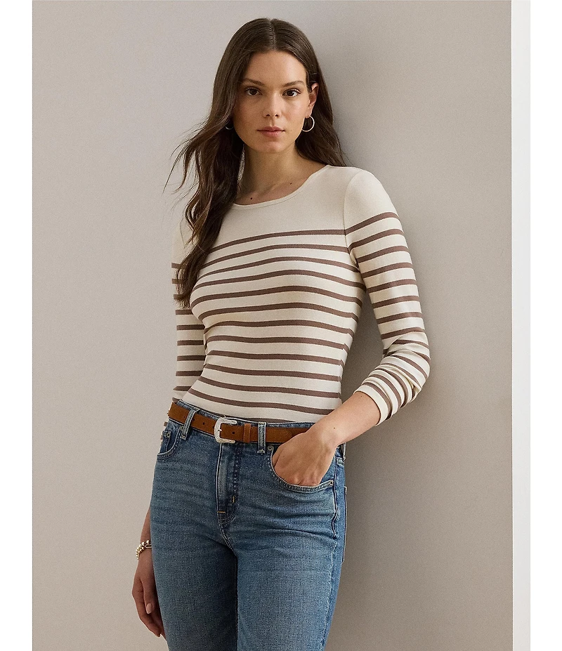 Lauren Ralph Lauren Ribbed Knit Striped Crew Neck Long Sleeve Tee