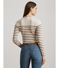 Lauren Ralph Lauren Ribbed Knit Striped Crew Neck Long Sleeve Tee