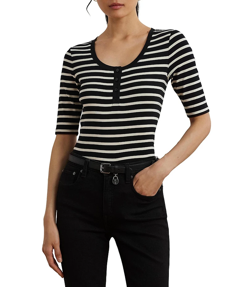 Lauren Ralph Lauren Ribbed Knit Striped Scoop Neck Elbow Length Sleeve Henley Top