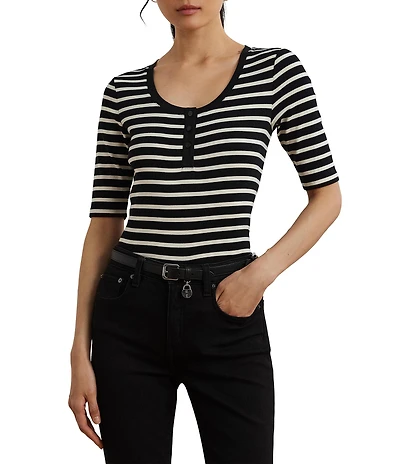 Lauren Ralph Lauren Ribbed Knit Striped Scoop Neck Elbow Length Sleeve Henley Top