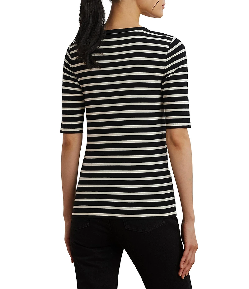 Lauren Ralph Lauren Ribbed Knit Striped Scoop Neck Elbow Length Sleeve Henley Top