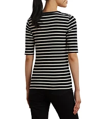 Lauren Ralph Lauren Ribbed Knit Striped Scoop Neck Elbow Length Sleeve Henley Top