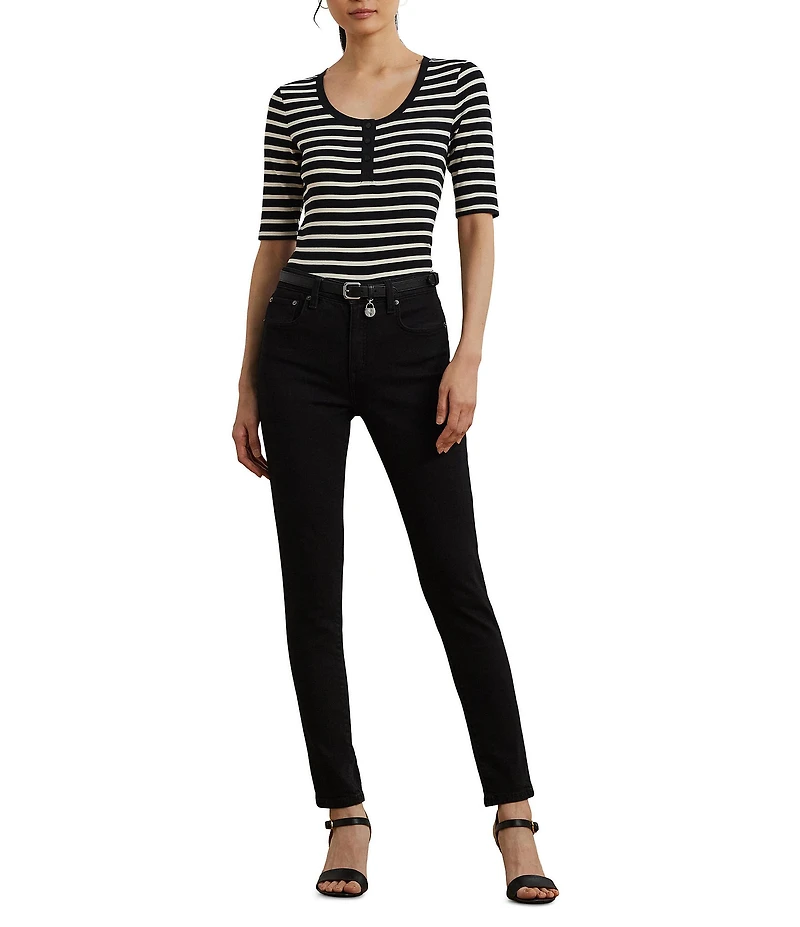 Lauren Ralph Lauren Ribbed Knit Striped Scoop Neck Elbow Length Sleeve Henley Top