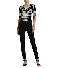Lauren Ralph Lauren Ribbed Knit Striped Scoop Neck Elbow Length Sleeve Henley Top