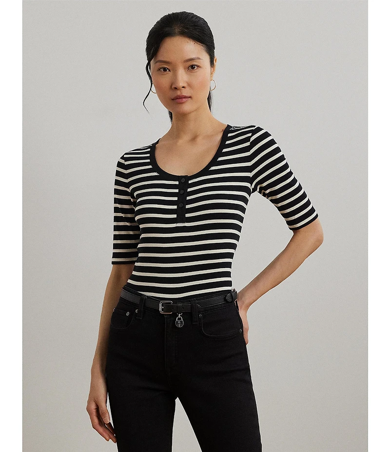 Lauren Ralph Lauren Ribbed Knit Striped Scoop Neck Elbow Length Sleeve Henley Top
