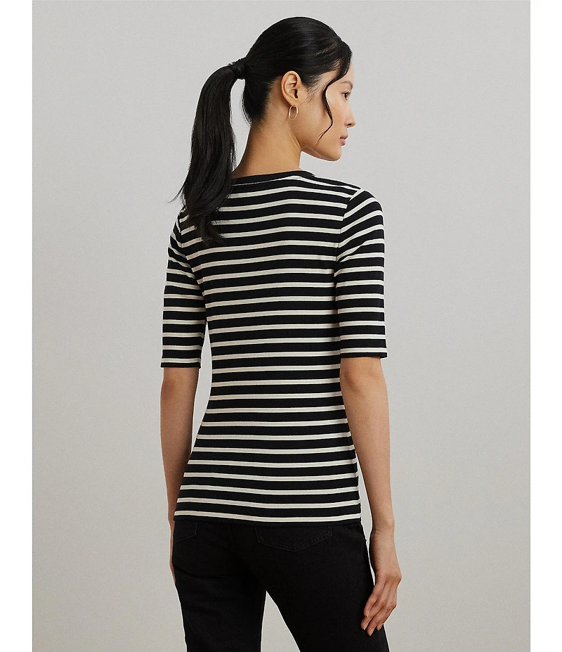 Lauren Ralph Lauren Ribbed Knit Striped Scoop Neck Elbow Length Sleeve Henley Top