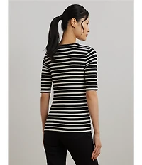 Lauren Ralph Lauren Ribbed Knit Striped Scoop Neck Elbow Length Sleeve Henley Top