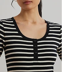 Lauren Ralph Lauren Ribbed Knit Striped Scoop Neck Elbow Length Sleeve Henley Top