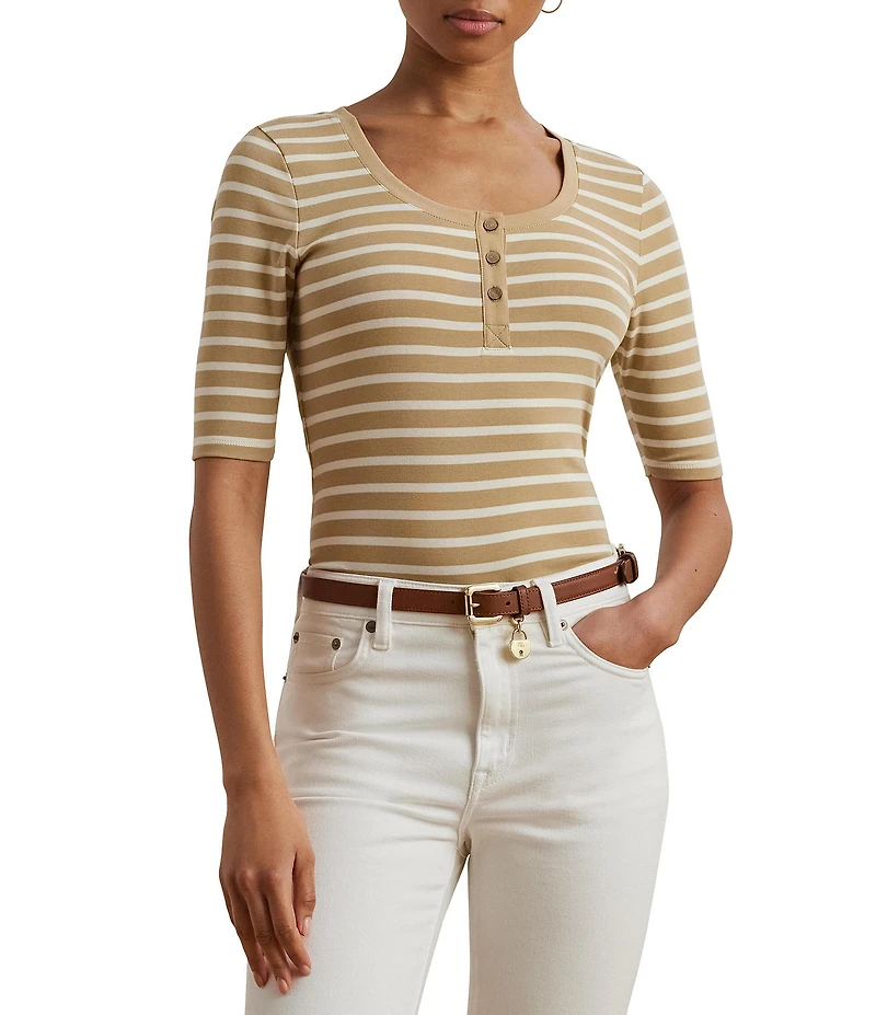 Lauren Ralph Lauren Ribbed Knit Striped Scoop Neck Elbow Length Sleeve Henley Top